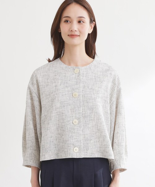 美品　リフレクト　ノーカラー　セミダブルジャケット麻混　9号 Reflect（リフレクト） ジャケット ノーカラージャケット