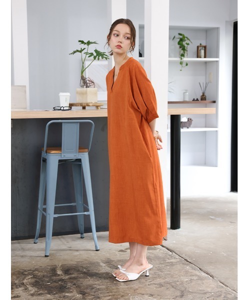 Ｋ*ｎ様 美品◎  ひざ丈ワンピース 半袖 オレンジ 袖フ fifth（フィフス） ワンピース 麻調キーネックワンピース : ZOZOTOWN