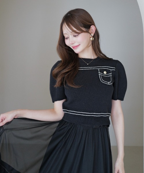 eimy istoire ロゴ刺繍 半袖ニット ブラック EIMY ISTOIRE（エイミーイストワール） ニット セーター E.M ATELIER