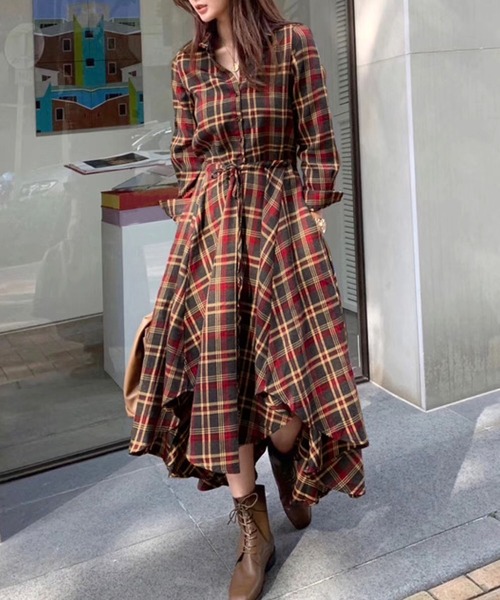 シャツワンピース チェック柄フィッシュテールシャツワンピース
