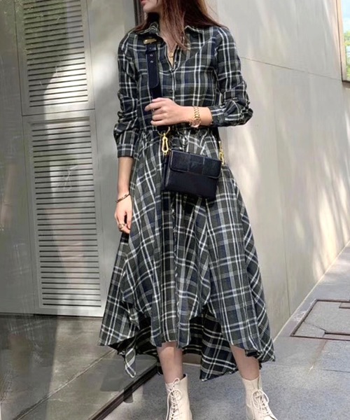 シャツワンピース チェック柄フィッシュテールシャツワンピース