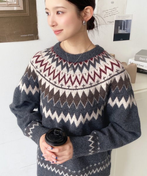 moment+ ニット セーター 5Gミックスアルパカライク求心ジャガード