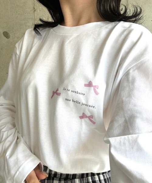 tシャツ リボンロゴプリントロングTシャツ レディース