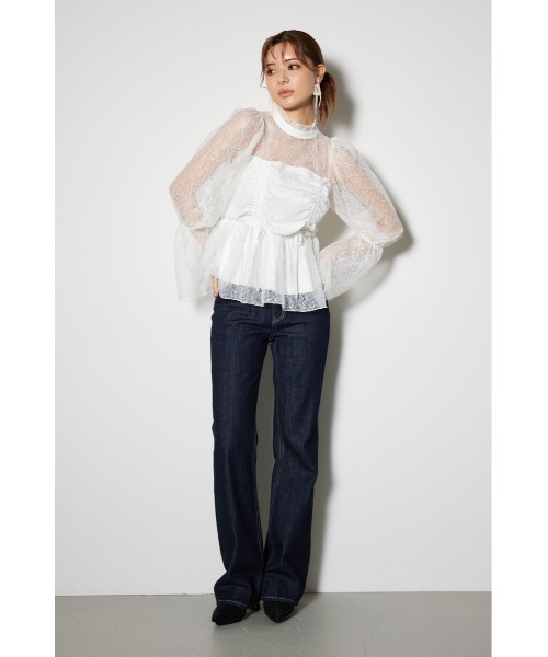 rienda ブラウス シャツ コルセット風シャーリングレースブラウス