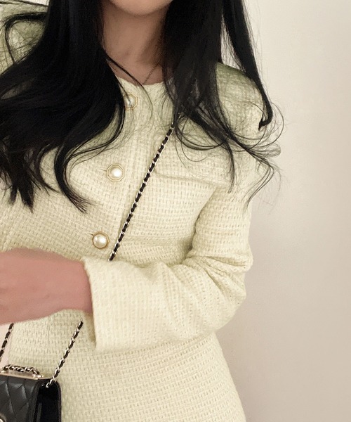 Kuroba セットアップ 2点セットアップツイード風ノーカラーショート丈