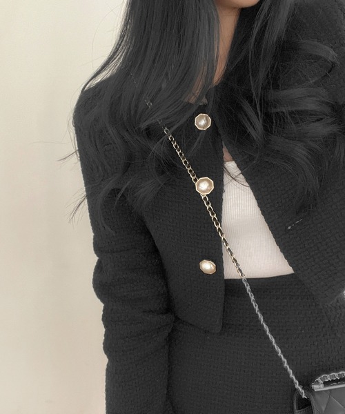 Kuroba セットアップ 2点セットアップツイード風ノーカラーショート丈