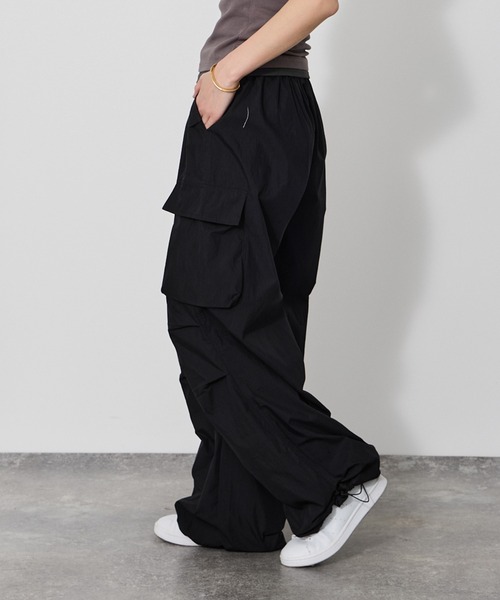 【ひろ】ブラック カーゴパンツ ゴムウエスト VQ カーゴパンツ 「ウエスト、ゴム＋紐 リラックスカーゴパンツ」Wide
