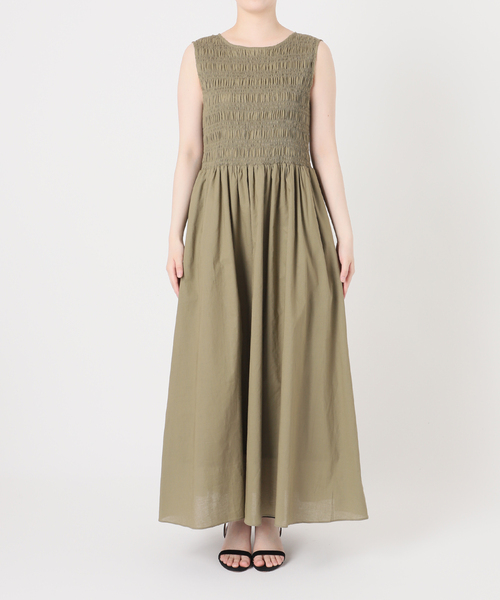 SLOBE IENA ♡ シャーリングバルーンスリーブワンピース　グリーン SLOBE IENA｜コットンシャーリングノースリーブワンピース