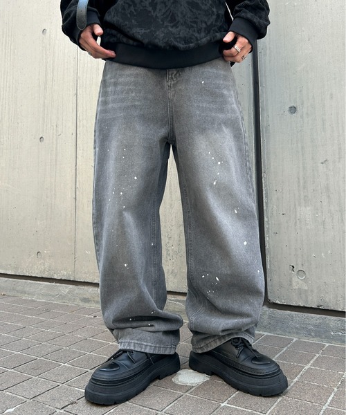 lilful ワイドパンツ ジーンズ ウォッシュ加工ペイントカーブデザイン 