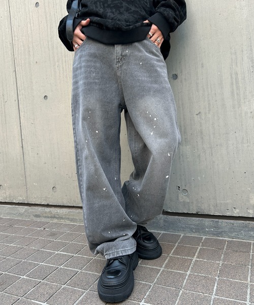 lilful ワイドパンツ ジーンズ ウォッシュ加工ペイントカーブデザイン