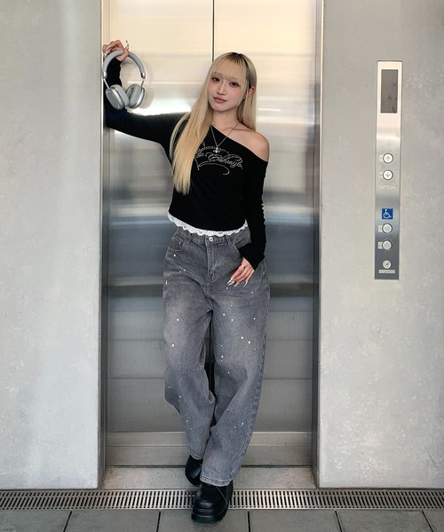 lilful ワイドパンツ ジーンズ ウォッシュ加工ペイントカーブデザイン