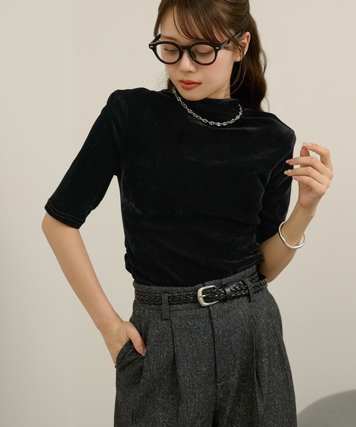 tシャツ velour off neck side gather tops /ベロアオフネックサイド