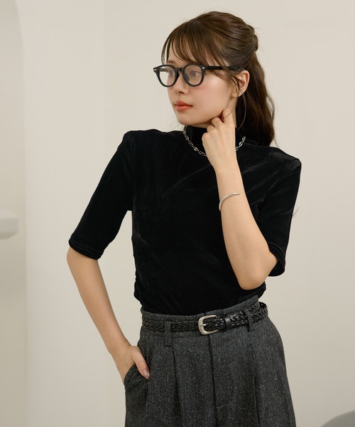 新品　未使用　未開封　チャコット　ベロアトップス 半袖 黒　Ｍ　ゆったり　ヨガ tシャツ 半袖 velour off neck side gather tops /ベロアオフネック