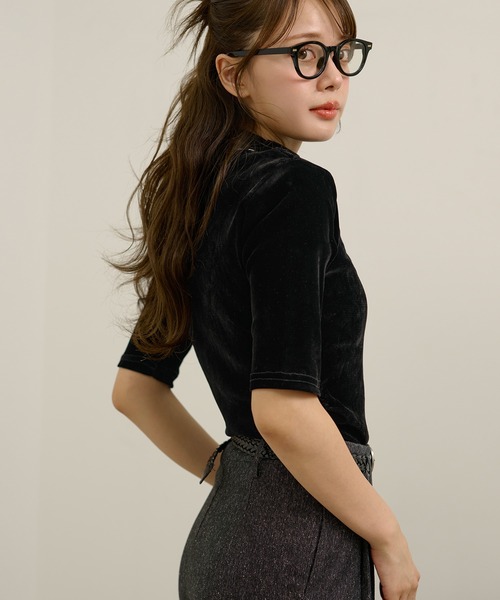 tシャツ 半袖 velour off neck side gather tops /ベロアオフネック
