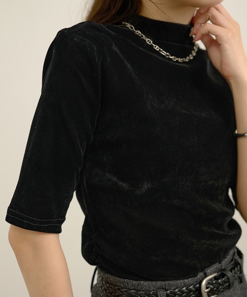 新品　未使用　未開封　チャコット　ベロアトップス 半袖 黒　Ｍ　ゆったり　ヨガ tシャツ 半袖 velour off neck side gather tops /ベロアオフネック