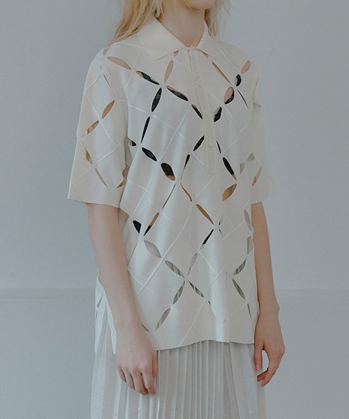 新品未使用　アイレネ   Polo Knit Tops IRENE（アイレネ） ニット セーター アーガイルカットアウトポロニット
