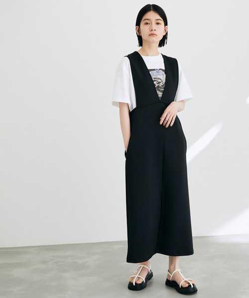 アダムエロペ サロペット フレアスカート 切り替え素材 ロング 黒 フリーサイズ ADAM ET ROPE'（アダムエロペ） サロペットスカート FREE ブラック
