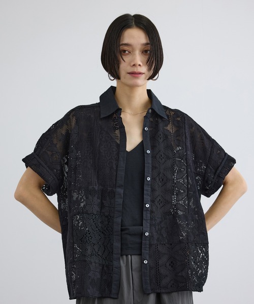 美品 アダムエロペ 刺繍レースシャツ 黒 春夏 羽織 ブラック SALON adam et rope'（サロン アダム エ ロペ） ブラウス シャツ 「WEB