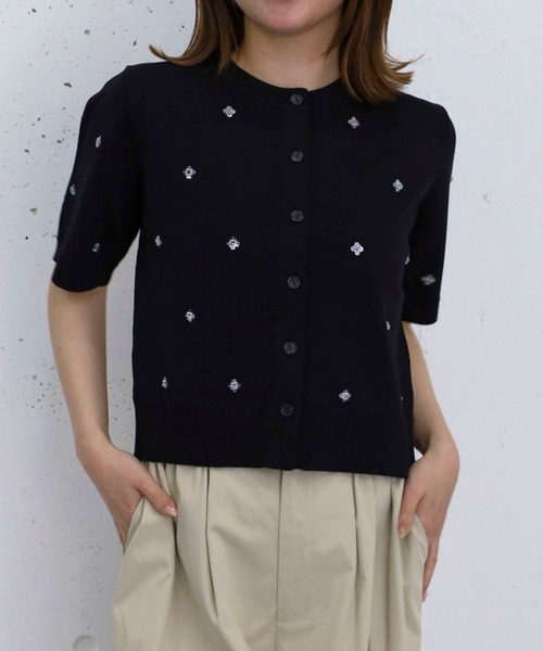 archives（アルシーヴ） カーディガン 半袖 スパンコール刺繍ニット