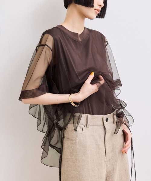 ADAM ET ROPE' FEMME ギャザーチュールトップス ADAM ET ROPE'（アダムエロペ） tシャツ 「WEB限定」・「サステナブル