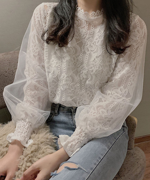 ブラウス シャツ ハイネックレースブラウス レディース Girly Doll ブラウス シャツ 総レースハイネックブラウス