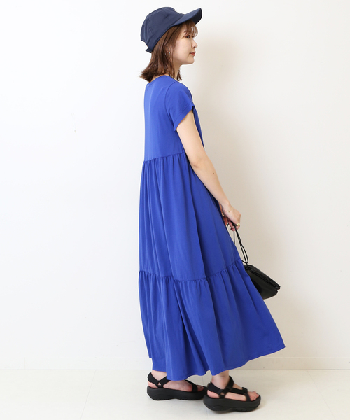 週末限定⭐︎IENA 新品　ネイビー 半袖 ティアード ロングワンピース SLOBE IENA（スローブイエナ） ワンピース 半袖 ハイツイスト天竺