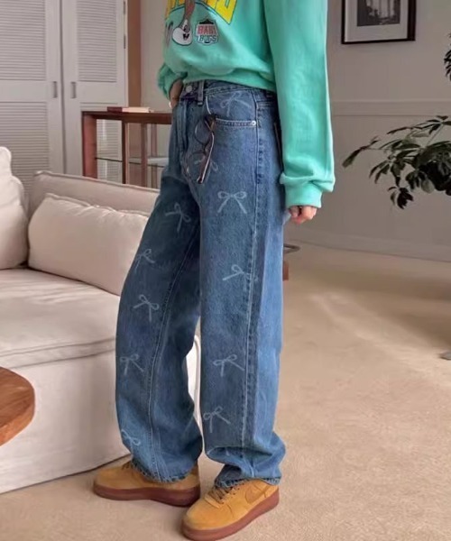 ⚫︎wynken⚫︎リボン柄のデニムパンツ 10Y 未開封 LACーVERT ジーンズ デニム デニムパンツ リボンプリントデニム