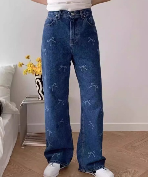 ⚫︎wynken⚫︎リボン柄のデニムパンツ 10Y 未開封 LACーVERT ジーンズ デニム デニムパンツ リボンプリントデニム