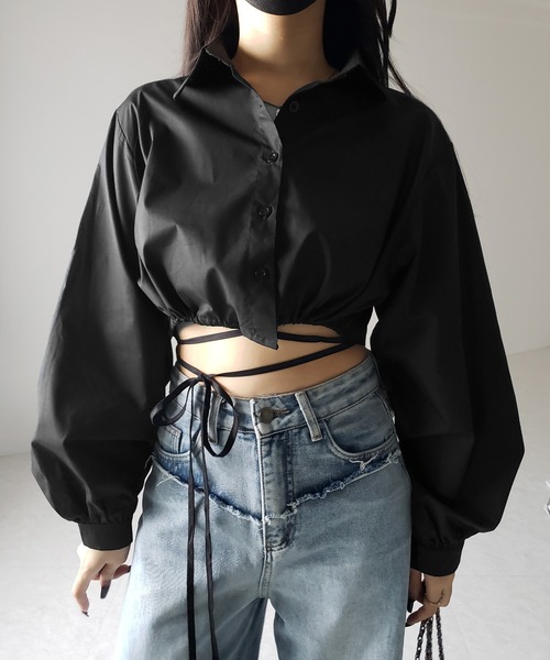 ブラウス シャツ 「 ２color 」クロスストラップリボンショートシャツ ／ cross strap ribbon short shirts レディ