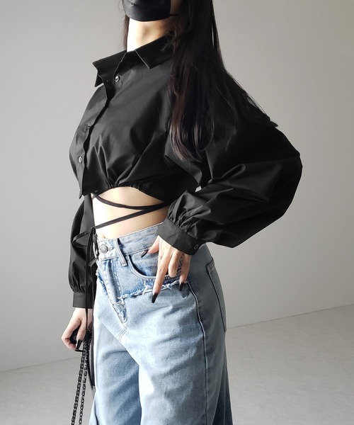 ブラウス シャツ ストリングリボンショートシャツ レディース 楽天市場】☆50％OFFクーポン対象☆フロントシャーリングリボン