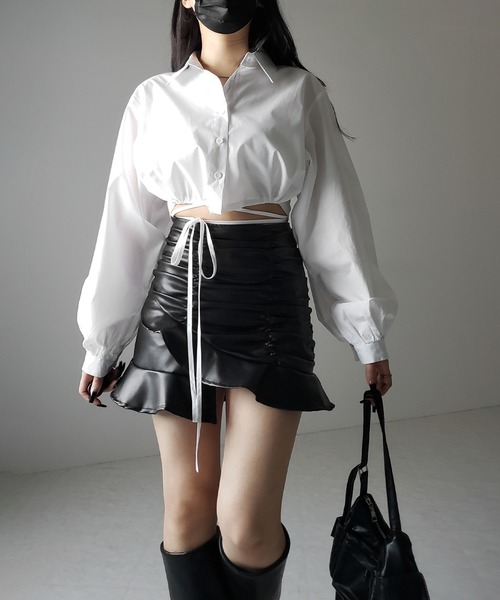 ブラウス シャツ 「 ２color 」クロスストラップリボンショートシャツ ／ cross strap ribbon short shirts レディ me+em select ブラウス シャツ 「 2color 」クロスストラップ