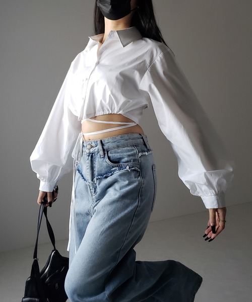 ブラウス シャツ 「 ２color 」クロスストラップリボンショートシャツ ／ cross strap ribbon short shirts レディ me+em select ブラウス シャツ 「 2color 」クロスストラップ