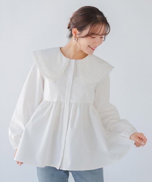 Fit more ダブルレース襟ペプラムブラウス ホワイト Fit more ブラウス シャツ ダブルレース襟ペプラムブラウス