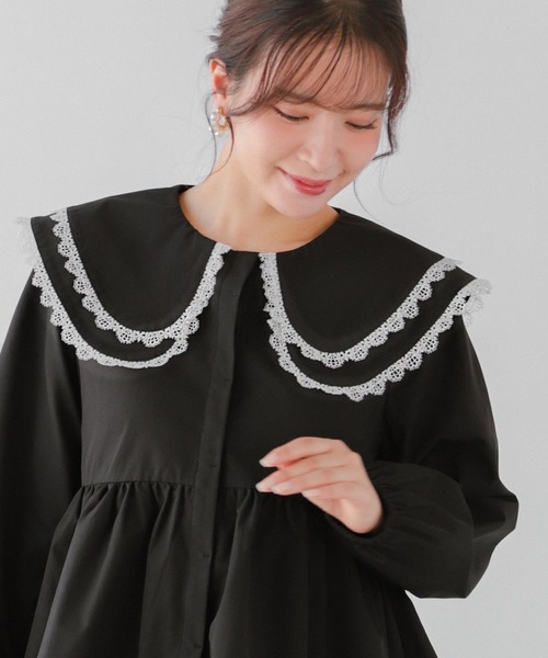 Fit more ダブルレース襟ペプラムブラウス ホワイト Fit more ブラウス シャツ ダブルレース襟ペプラムブラウス