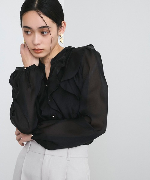 VIS ブラウス シャツ 「洗える」シアーラッフルブラウス