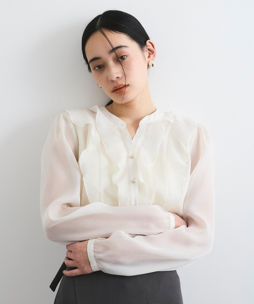 ブラウス シャツ 「洗える/接触冷感」ライトシアー ラッフルブラウス レディース 洗える/接触冷感】ライトシアー ラッフルブラウス / UNFILO L