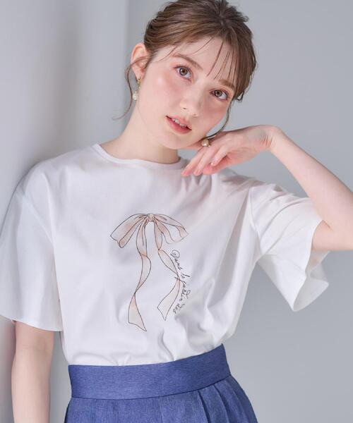 tシャツ 「マシンウォッシャブル・接触冷感・UV機能」60リボンロゴプリント フレアーT レディース | Couture Brooch | 01