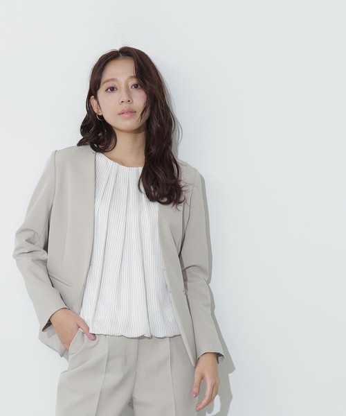 【Natural beauty basic】ノーカラージャケット（ネイビー） ◇ドビーツイル SETUP ノーカラージャケット（ノーカラー