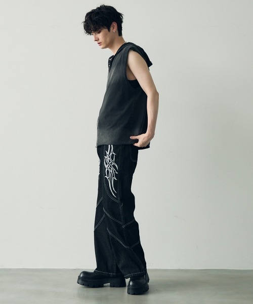 Timez直筆サイン入り デニム ジーンズ メンズ Shoowtime ジーンズ Embroidered straight denim pants / 刺繍