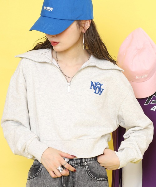 NERDY トレーナー スウェット フリースクロップドハーフジップアップ 