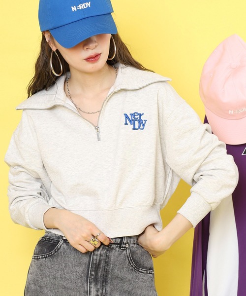 NERDY トレーナー スウェット フリースクロップドハーフジップアップ