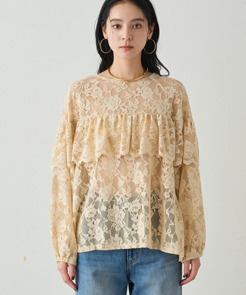 【Loungedress】レースフリルブラウス　オフホワイト Loungedress ブラウス シャツ レースフリルブラウス レディース