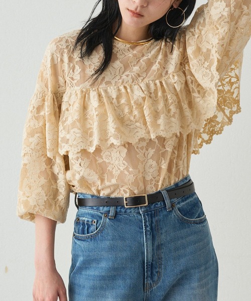 【Loungedress】レースフリルブラウス　オフホワイト Loungedress ブラウス シャツ レースフリルブラウス レディース