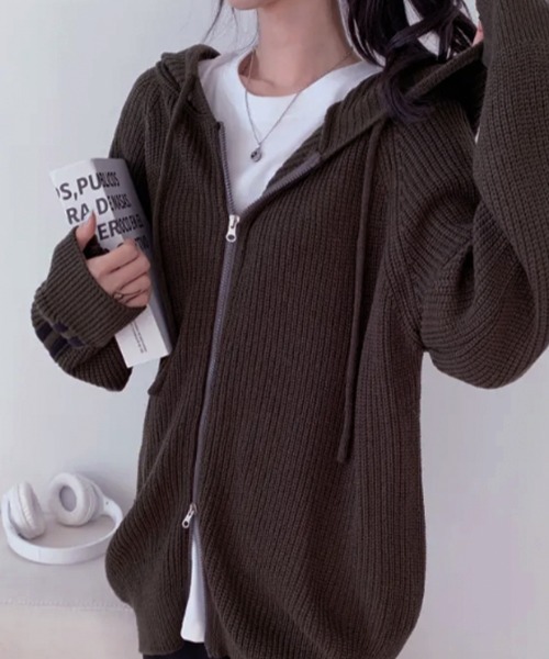 ルネ 長袖パーカー ニットワンピース ダークブラウン系 フレア ダブルジップ leune（ルネ） ベスト ジレ ダブルジップアップショートニットパーカー