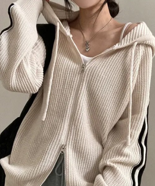 パーカー ラインスリーブ ダブルジップニットパーカー レディース