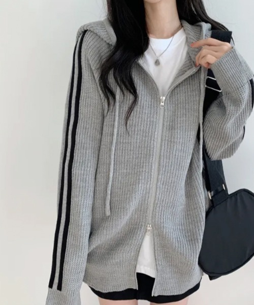 パーカー ラインスリーブ ダブルジップニットパーカー レディース