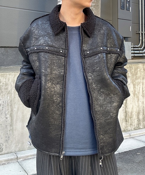 tornado mart レザー ムートン ジャケット アウター v系 平成 セール】オーバーサイズ裏ボアフェイクムートンジャケット（ムートン