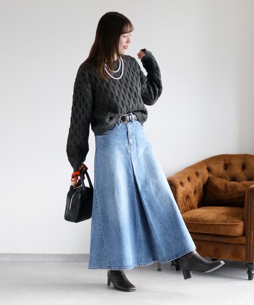 新品 M.&KYOKO ニットポケット デニムスカート 2 cepo（セポ） デニムスカート フロントタック ロングフレアーデニム