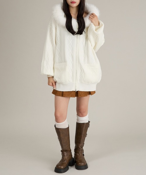 ルミニョン　lumignon フード付きニットパーカー lumignon ルミニョン Big Fur knit hoodie ブルー - メルカリ