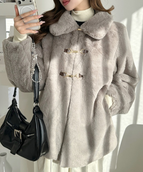 Ada. ブルゾン アウター ラビット風 エコファー ビット付 ミドルコート